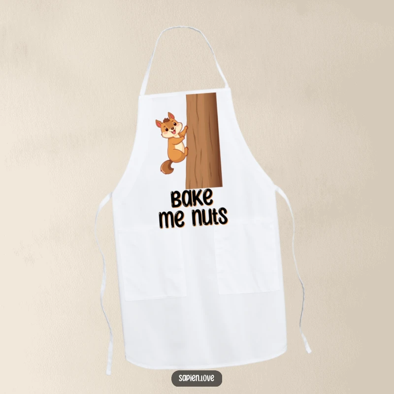 Funny smiling squirrel excitedly climbs a tall tree, a humorous and functional apron for the kitchen.