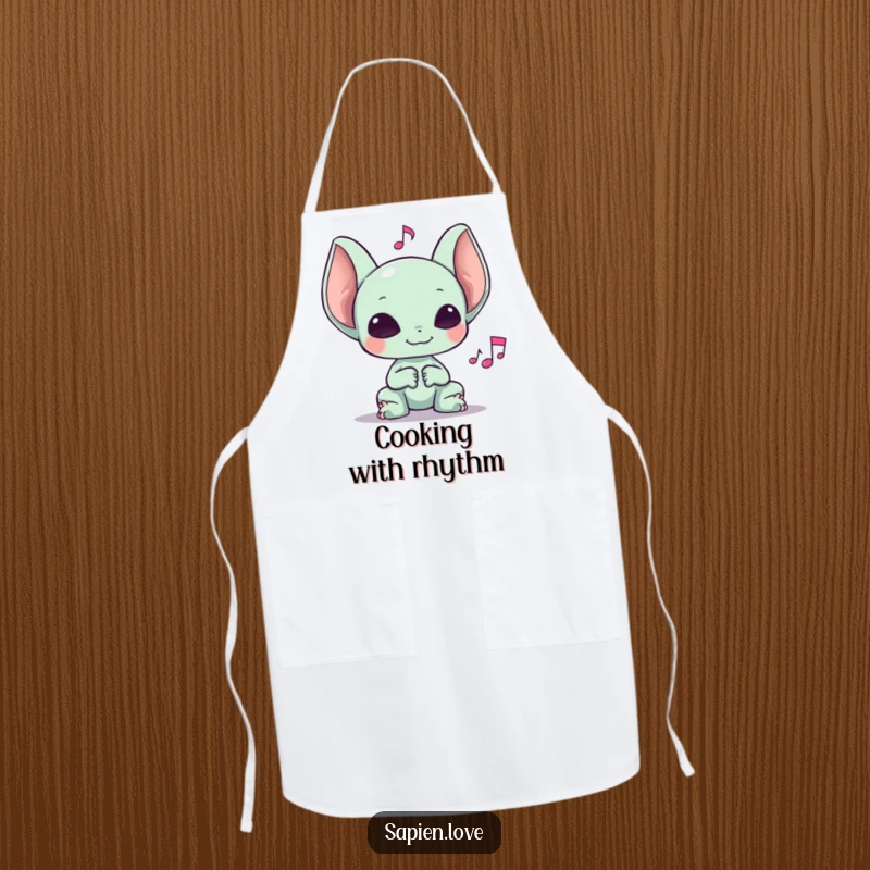 Funny apron illustration of an alien with large ears happily listening to a musical note, ideal for kitchen tunes.