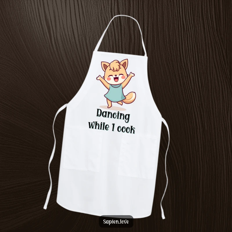 Funny Apron featuring a stylized person with animal features dancing happily, designed for kitchen protection and adding expressive humor.