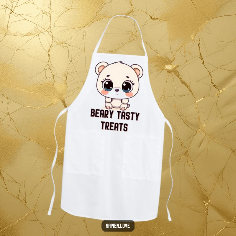 Funny bipedal bear with large, curious eyes exploring, a humorous and functional apron for the kitchen.