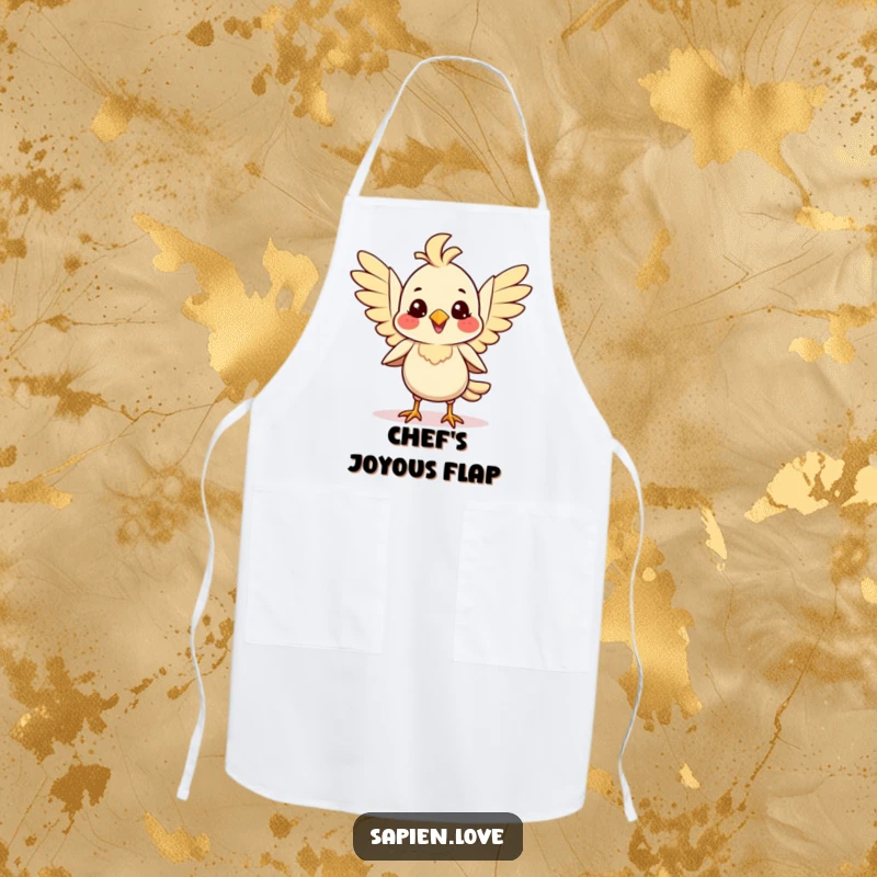 Smiling bipedal avian creature flapping its wings with joy on a kitchen apron, bringing cheer to cooking.