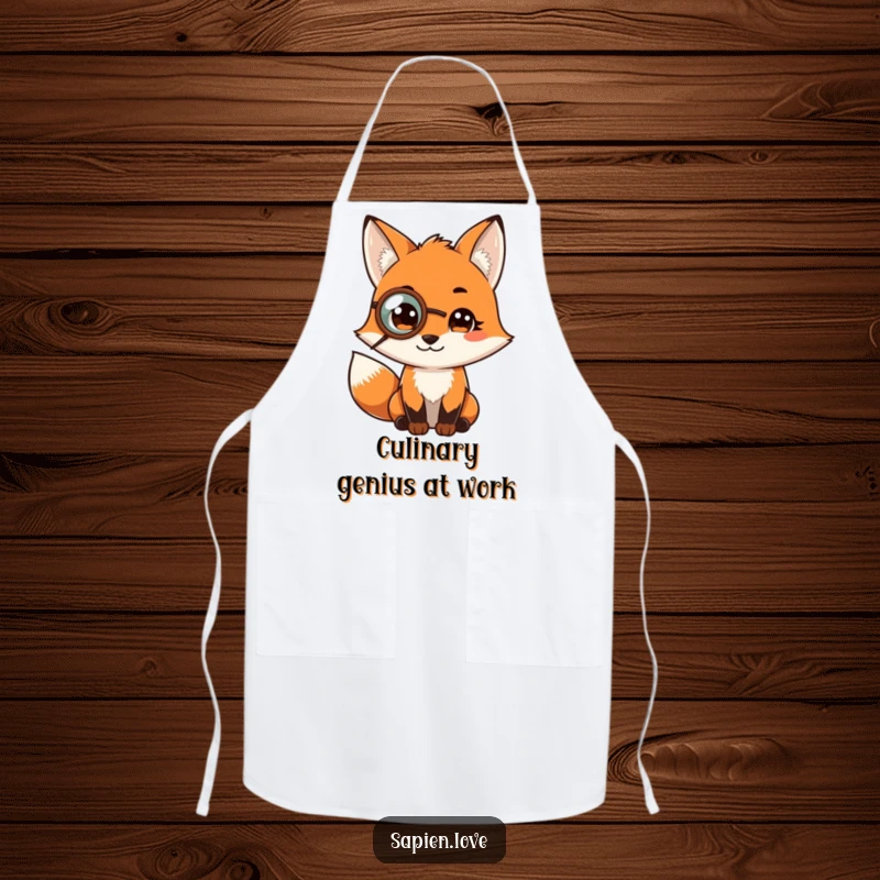 Funny apron depicting a fox character as a scholar, wearing a monocle, ready for amusingly intellectual culinary pursuits.