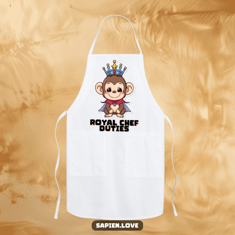 Funny apron depicting a monkey character as a royal chef, wearing a crown and cape, ready for amusing culinary creations.