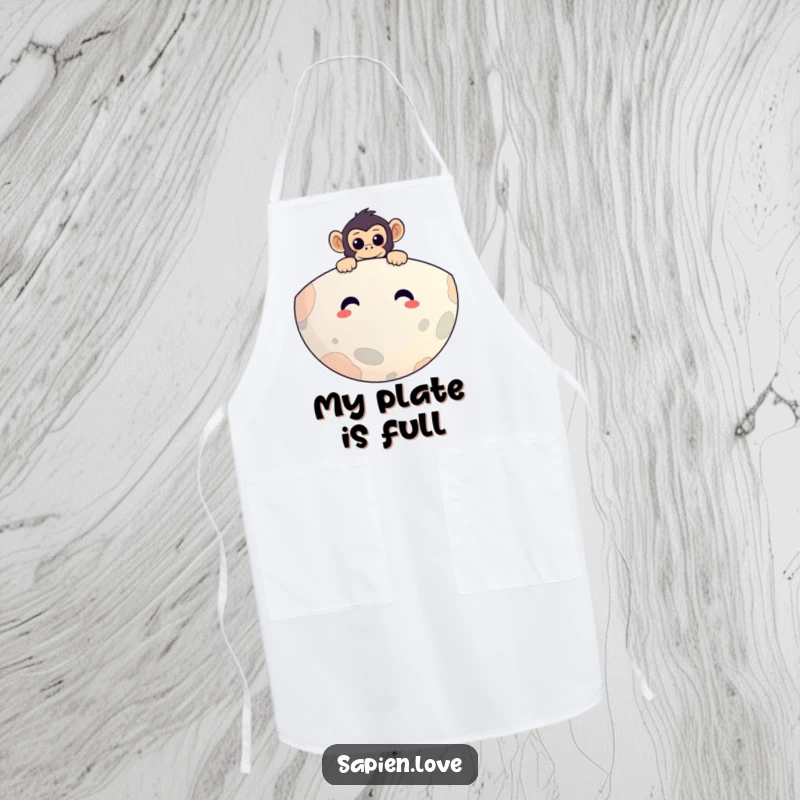 Funny apron featuring a curious primate peeking over a smiling planet, designed for cooks who appreciate humor in the kitchen.