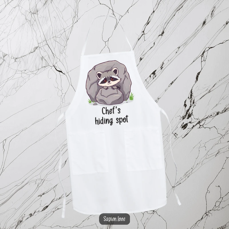 Funny bipedal raccoon character peeking from behind a large rock on a kitchen apron, ready for culinary capers.