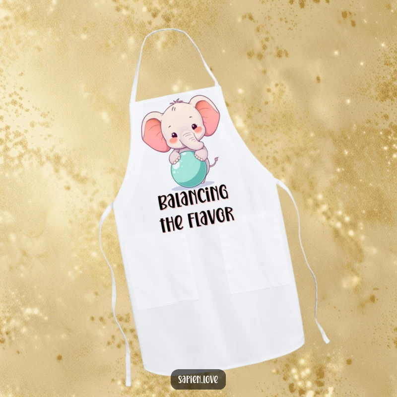 Funny Elephant Apron showcasing a smiling elephant character balancing a ball, ideal for chefs who appreciate balance.