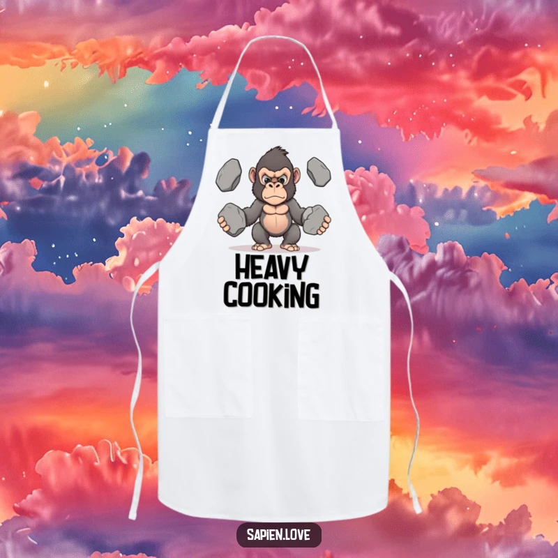 Funny Kawaii Gorilla Apron, a determined gorilla juggling stones, humorous and practical kitchen wear.