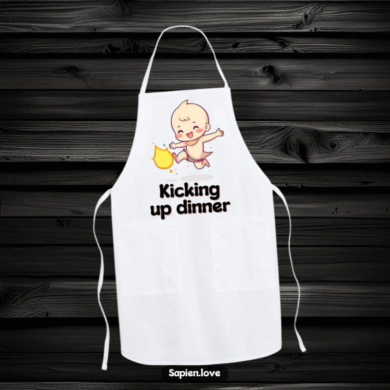 Funny apron design showcasing a character gleefully kicking a small, glowing meteor, ideal for cooks who want to add a whimsical and powerful touch to their attire.
