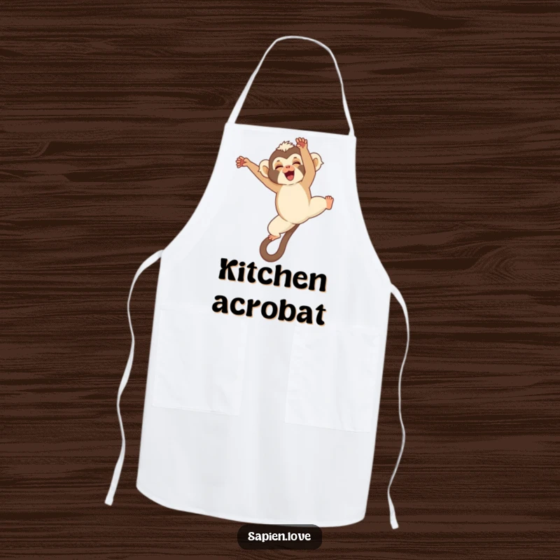Funny Kawaii Gibbon Apron, a cute gibbon doing a somersault, humorous and practical for culinary acrobats.