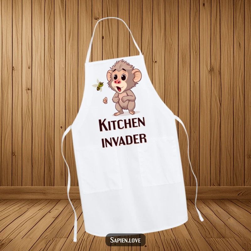 Funny Kawaii Baboon Apron, a cute baboon startled by a buzzing insect, humorous and practical kitchen wear.