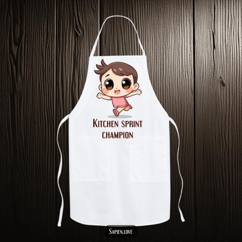 Funny Kawaii Apron: A cute character with big eyes runs with excitement, ideal for cooking.