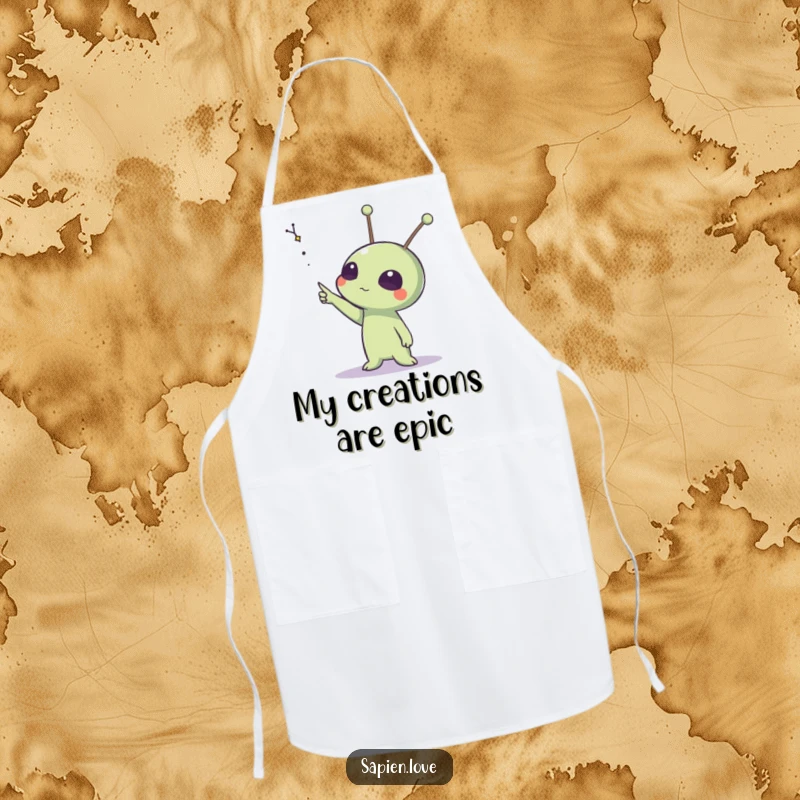 Funny apron illustration of an alien with expressive antennae pointing towards a distant constellation, perfect for cosmic chefs.