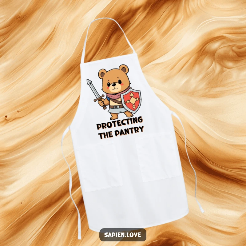 Funny apron depicting a bear character as a knight, holding a sword and shield, ready for amusing culinary quests.