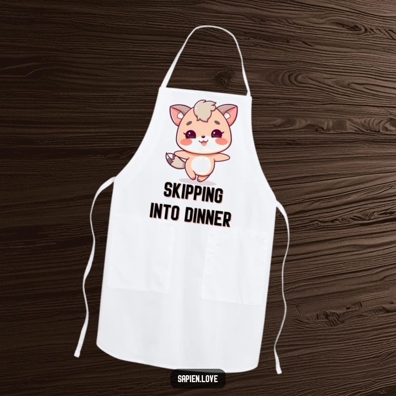 Funny apron depicting a joyful character with animal traits skipping with glee. A functional funny gift.