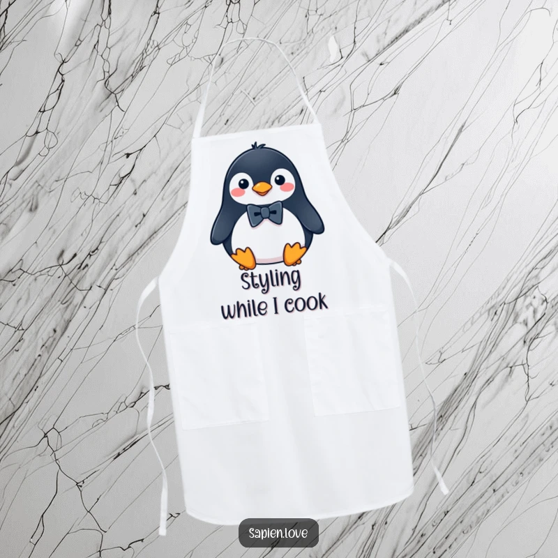 Funny Penguin Apron showing a penguin wearing a tiny bowtie, perfect for kitchen use and adding humor to cooking.