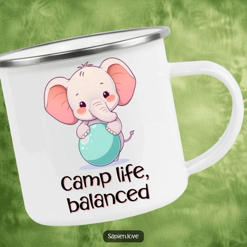 Funny Elephant Camping Mug with a smiling elephant character balancing a ball, built for durability and enjoyment.