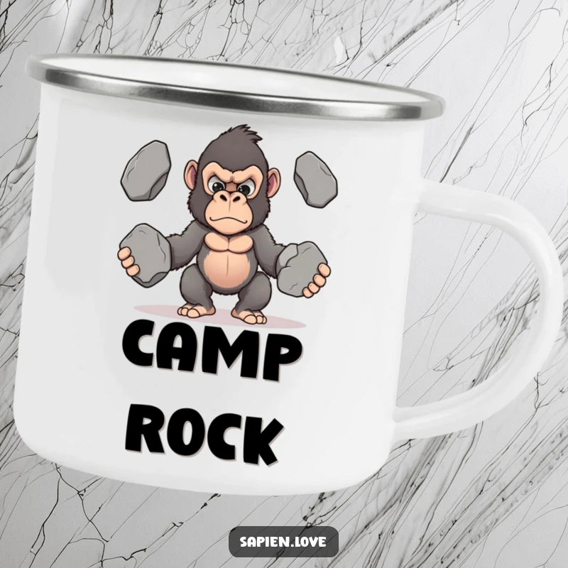 Funny Kawaii Gorilla Camping Mug, a determined gorilla juggling stones, rugged and humorous for outdoor use.