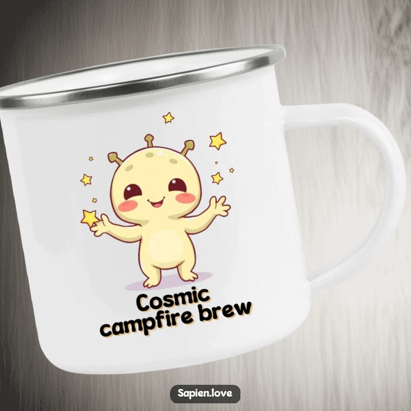 Funny camping mug depicting a cheerful alien juggling stars, ready for any outdoor adventure or cosmic journey.