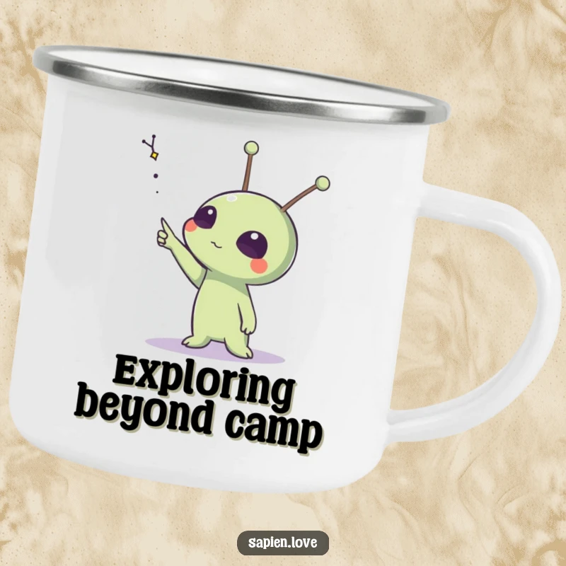 Funny camping mug depicting an alien with expressive antennae pointing towards a distant constellation, perfect for night sky viewing.