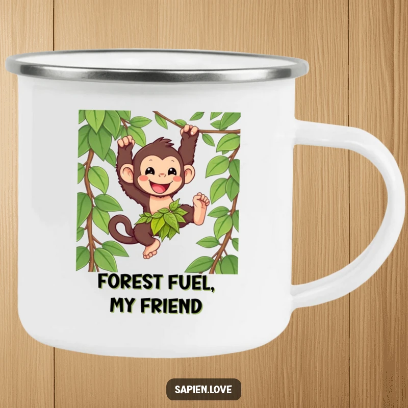 Funny kawaii primate camping mug, a happy character swinging from a vine, perfect for outdoor humorous gifts.