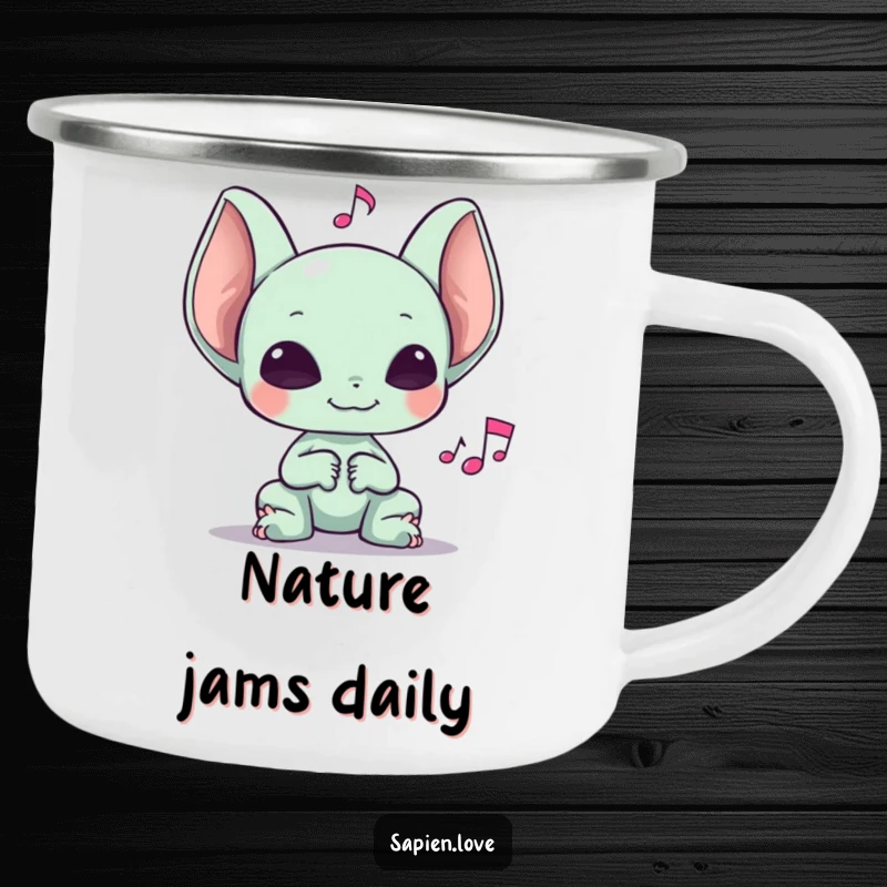 Funny camping mug depicting an alien with large ears happily listening to a musical note, perfect for outdoor jams.