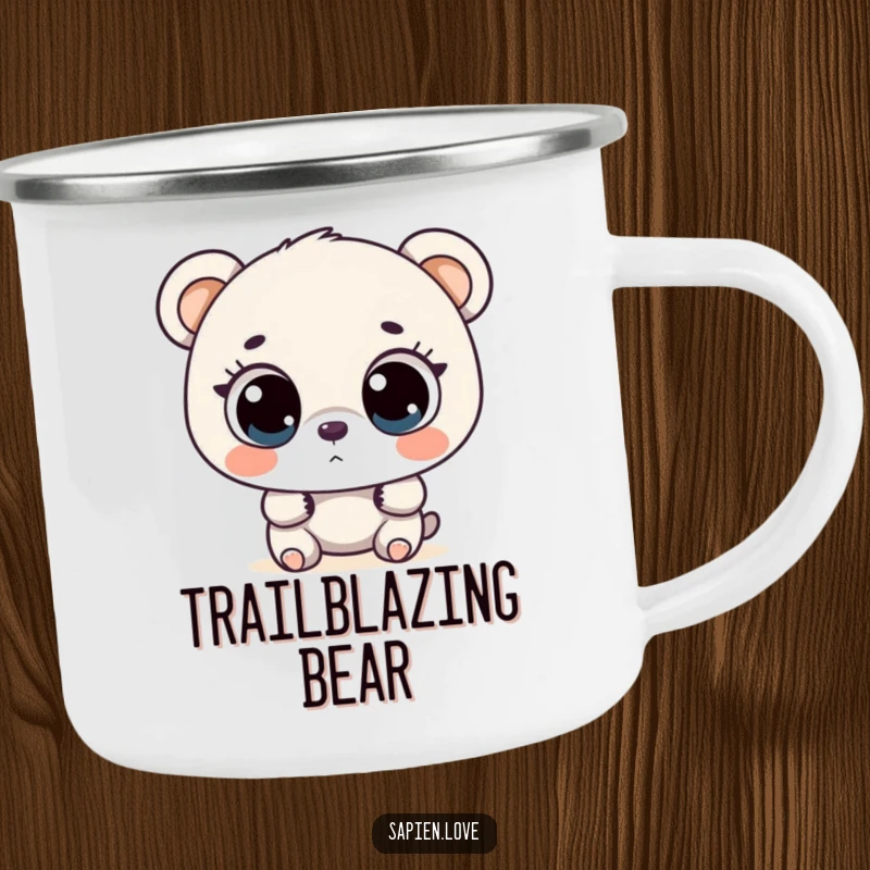 Funny bipedal bear with large, curious eyes exploring, a humorous camping mug for outdoor enthusiasts.