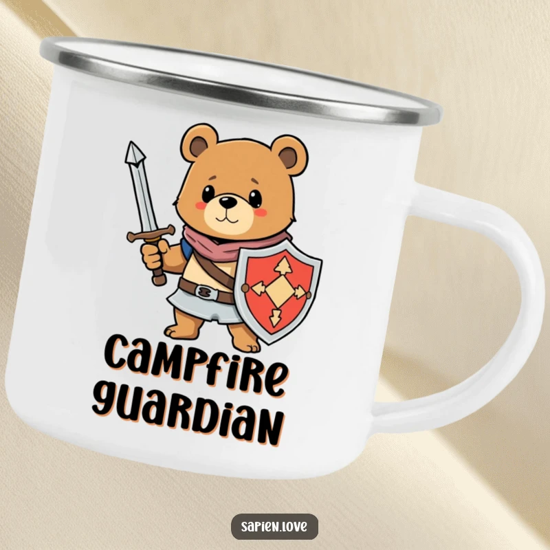 Funny camping mug with a bear character holding a sword and shield, providing amusing bravery during outdoor excursions.