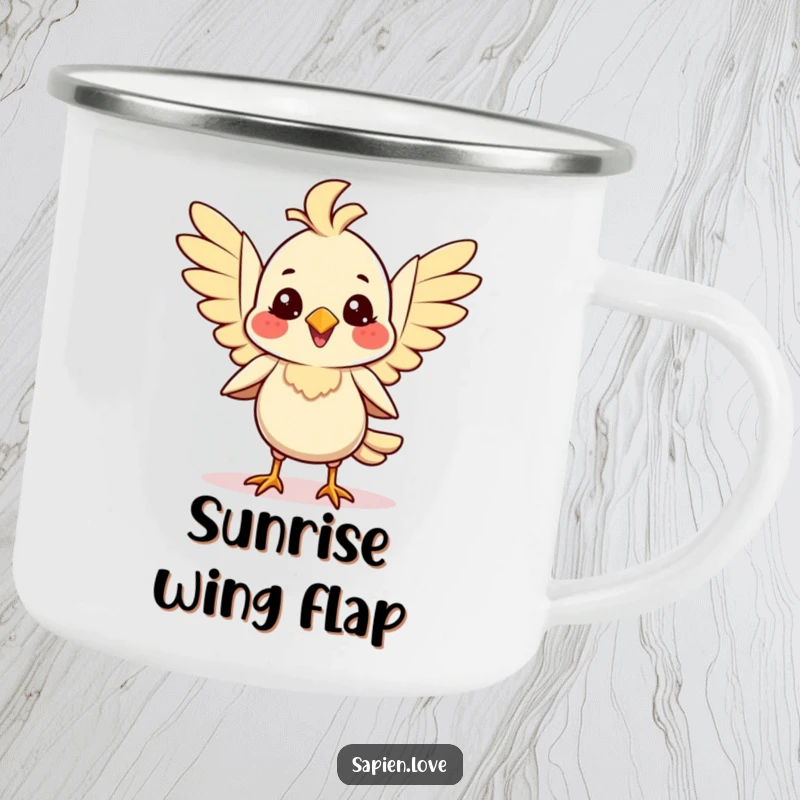 Smiling bipedal avian creature flapping its wings with joy on an enamel camping mug, perfect for outdoor cheer.
