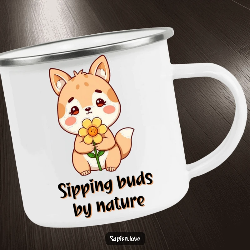 Funny Camping Mug: A hardy enamel cup with a sweet animal character offering a flower for outdoor enjoyment.