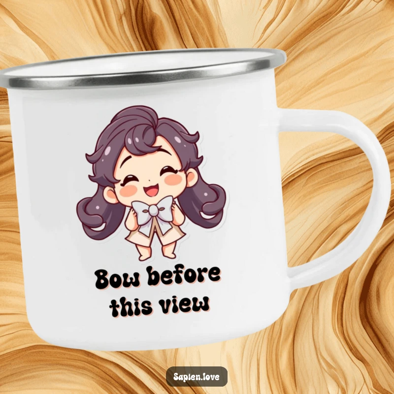 Funny Kawaii Camping Mug: A smiling cute character performs a theatrical bow with flair.