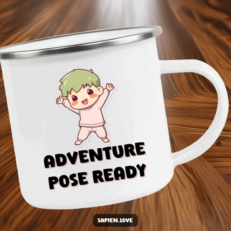 Funny Camping Mug: A kawaii human character strikes a dynamic and playful pose, adding fun and energy to outdoor activities.