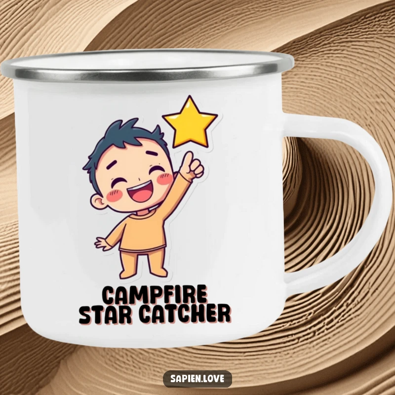 Funny Camping Mug: A kawaii human character with a delighted grin is reaching up to a star, bringing joy to the outdoors.