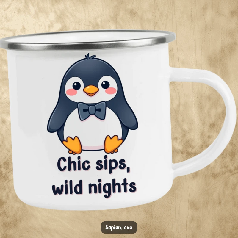 Funny Penguin Camping Mug featuring a dapper penguin with a tiny bowtie, perfect for hot beverages during outdoor activities.