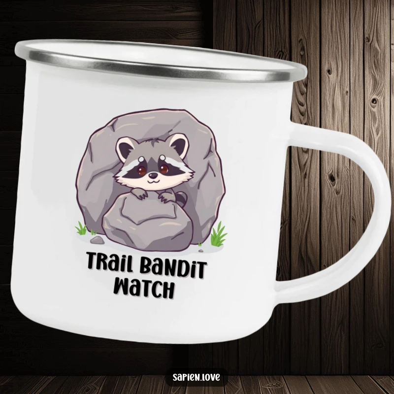 Funny bipedal raccoon character peeking from behind a large rock on an enamel camping mug, perfect for outdoor brews.