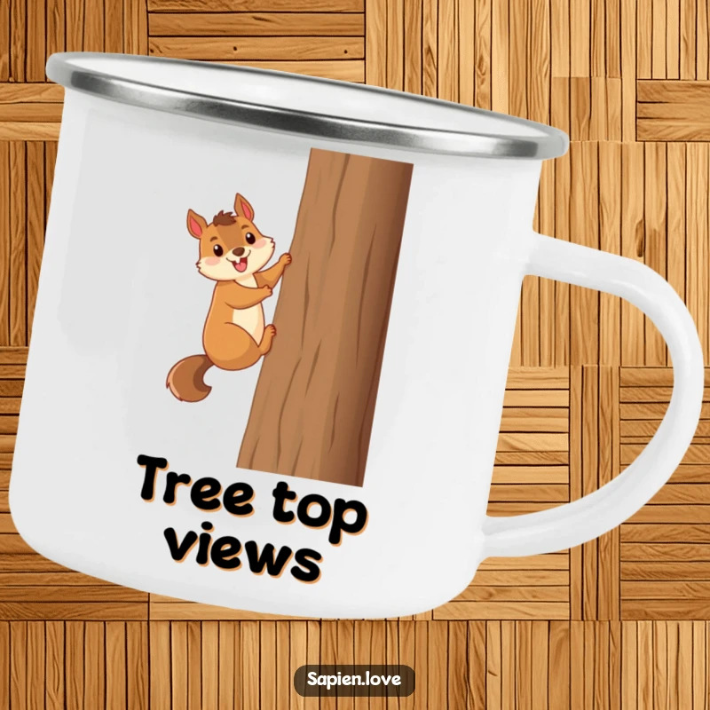 Funny smiling squirrel excitedly climbs a tall tree, a humorous camping mug for outdoor enthusiasts.