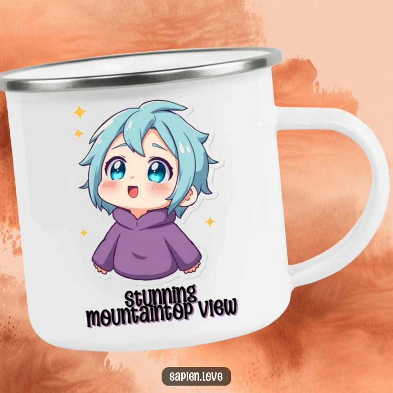 Funny Camping Mug: A human character with twinkling eyes looks upwards in amazement, capturing the wonder of the outdoors.