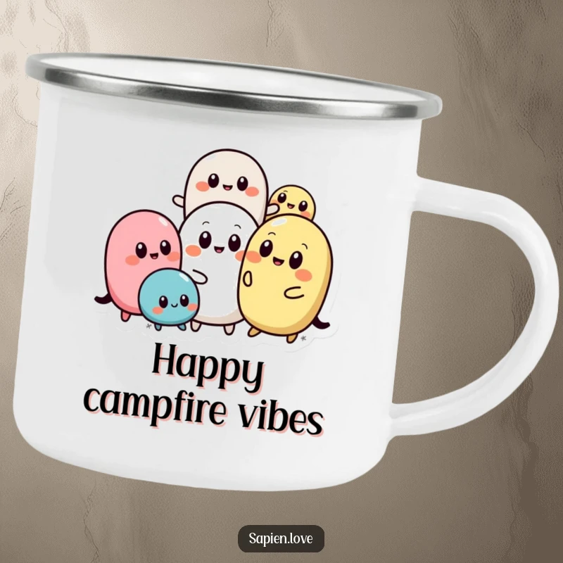 Funny Abstract Pals camping mug with rounded abstract shapes and simple eyes interacting playfully, perfect for rugged use and adding a humorous touch.