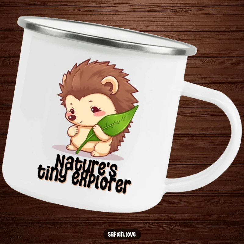 Funny Hedgehog Camping Mug featuring a curious hedgehog character observing a leaf, ideal for rugged use.