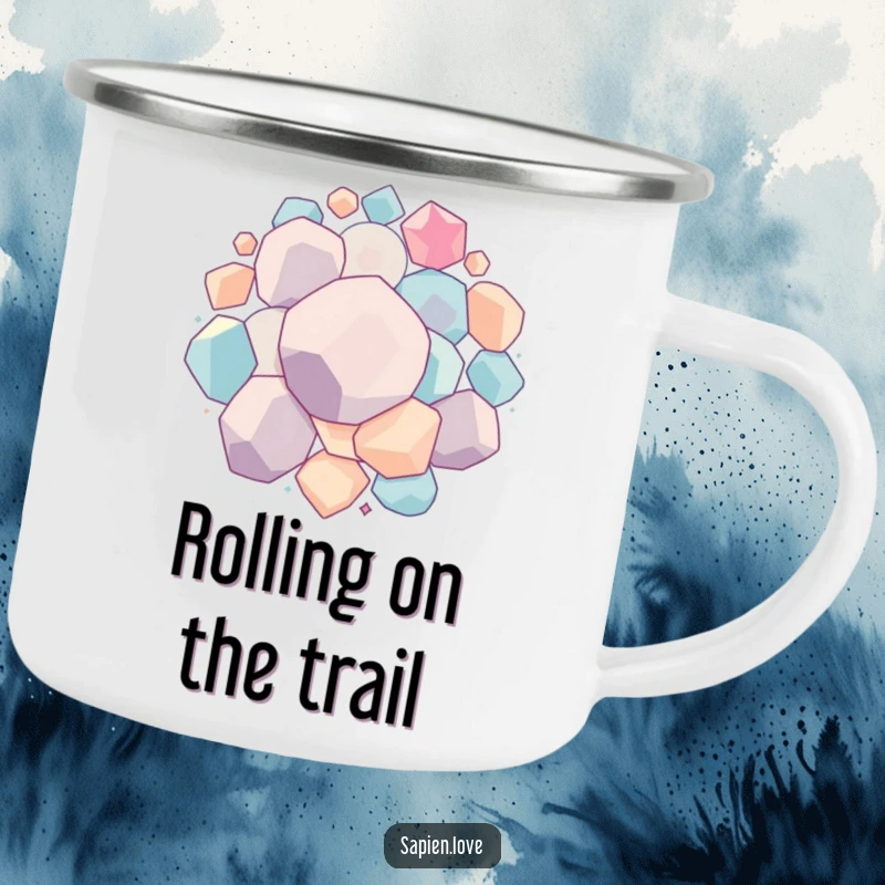 Funny Geometric Bounce camping mug with interconnected geometric forms bouncing and rolling together, perfect for rugged use and adding a humorous, energetic touch.