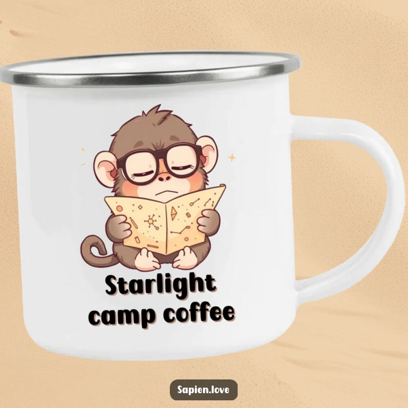 Funny camping mug depicting a sleepy monkey in glasses reading a constellation scroll, sturdy for outdoor adventures and filled with intellectual humor.