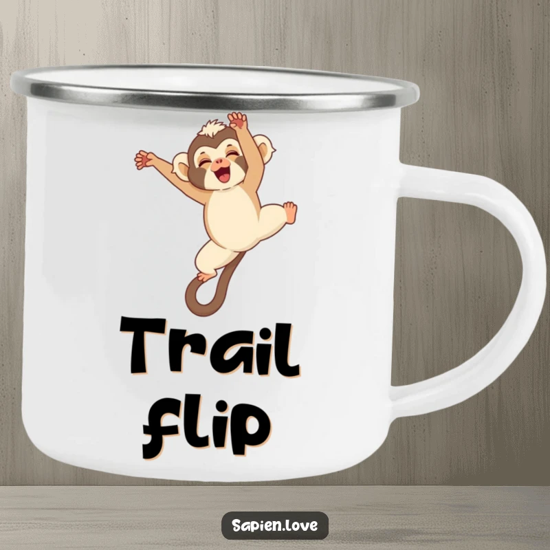 Funny Kawaii Gibbon Camping Mug, a cute gibbon doing a somersault, rugged and humorous for outdoor enthusiasts.