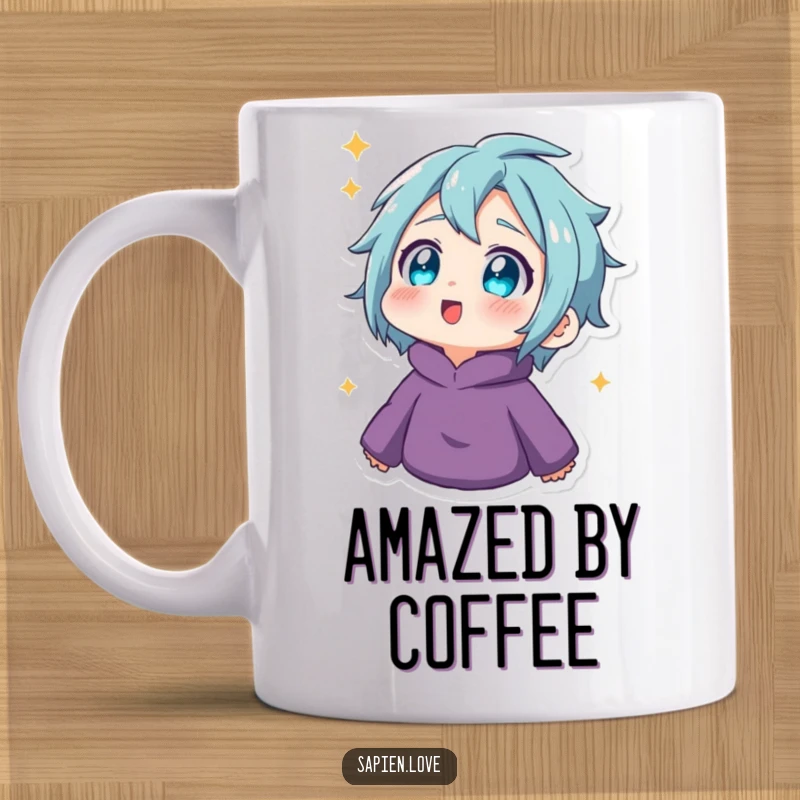 Funny Mug: A human character with bright, twinkling eyes looks upwards with amazement and wonder at something spectacular.