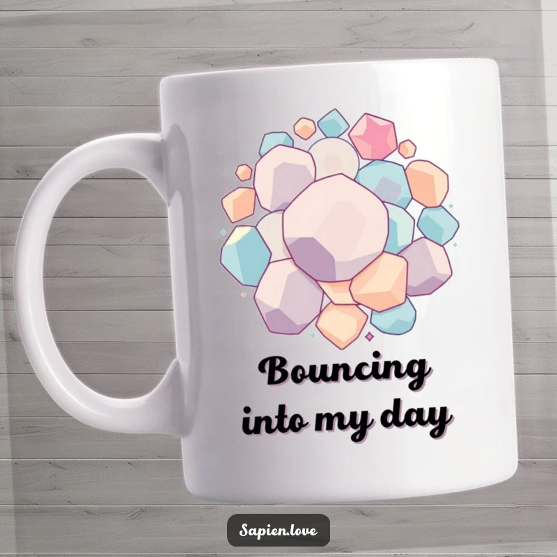Funny Geometric Bounce mug showcasing interconnected geometric forms in various shapes, actively bouncing and rolling together in a vibrant, energetic composition.