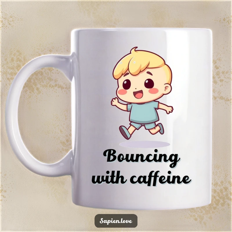 Funny Mug: A human character is depicted mid-bounce, with an energetic and excited expression, radiating positive vibes.