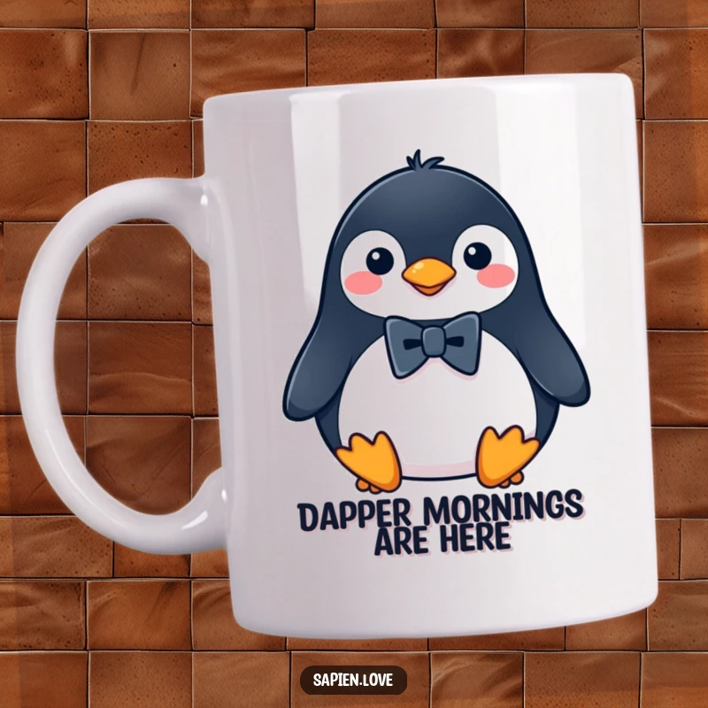 Funny Penguin Mug featuring a charming cartoon penguin dressed in a tiny black bowtie, looking dapper and ready for a special occasion.