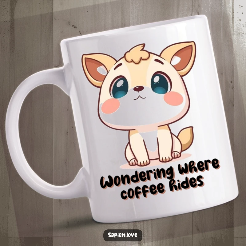 Funny mug featuring a cute character with animal ears gazing curiously up at the starry night sky with wonder.