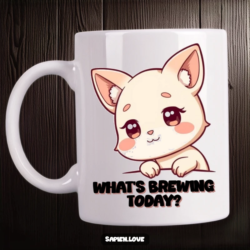 Funny Mug: An adorable character with animal ears cautiously peeks around the corner, inviting a playful interaction.