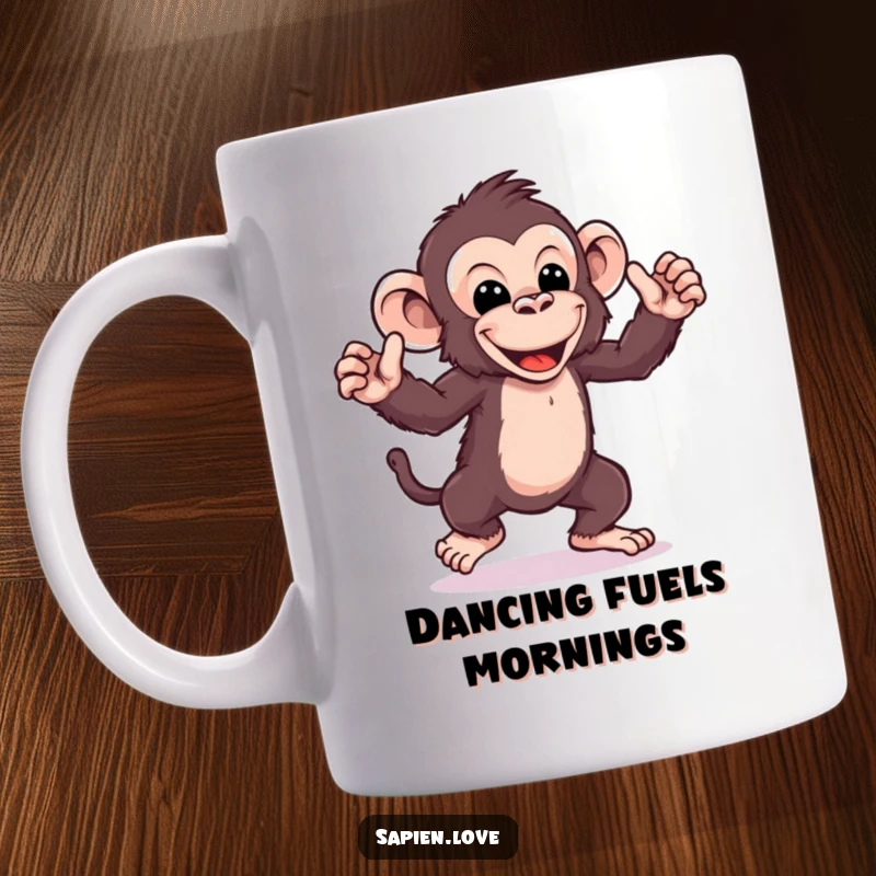 Funny kawaii ape mug, a playful character doing a silly dance with exaggerated movements, energetic humorous gift.