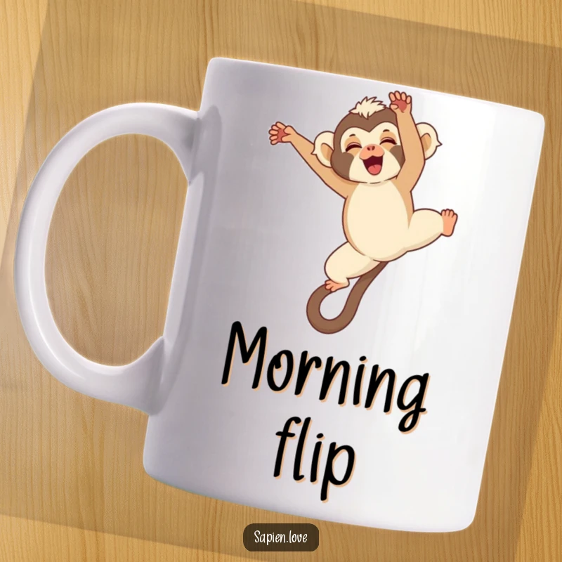 Funny Kawaii Gibbon Mug, a cute gibbon mid-somersault with a giggle, perfect for acrobatic and playful personalities.