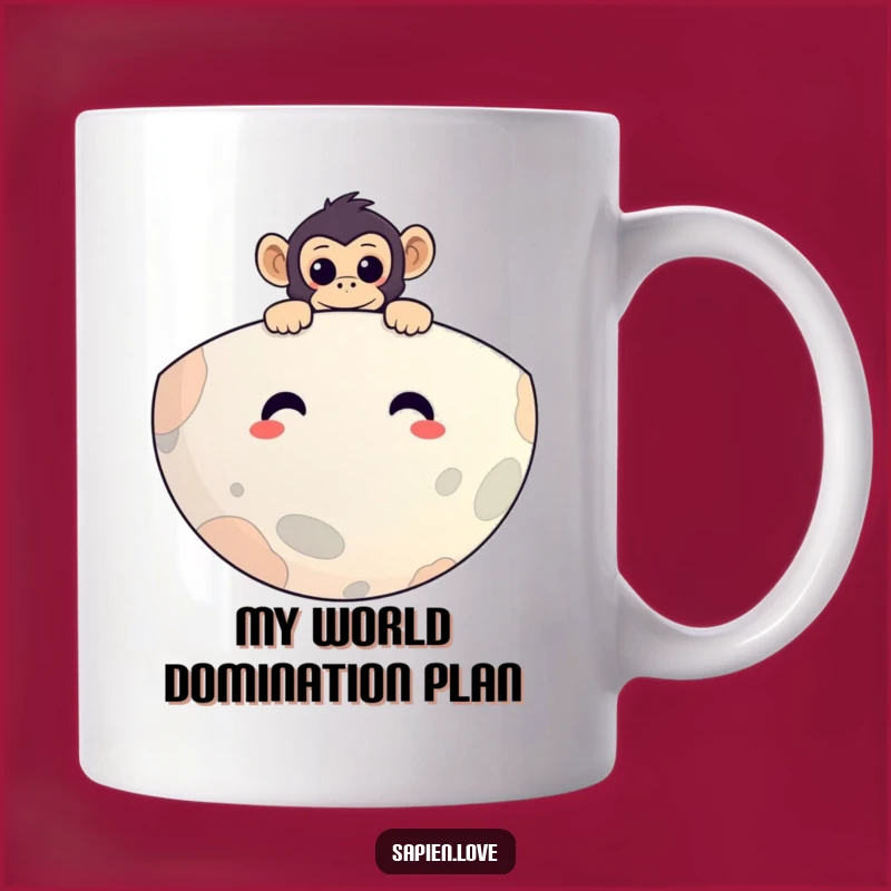 Funny Space Monkey Mug: Adorable Primate Peeking Over Smiling Planet, Perfect Funny Gift